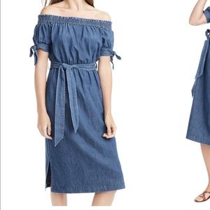 JCREW Off the shoulder tie waist chambray dress
